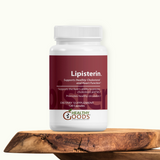 Supplement bottle labeled 'Lipisterin' on a wooden surface with a white background