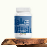 Supplement bottle labeled 'Male Vitale' on a wooden surface with a white background