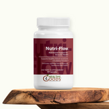Supplement bottle labeled 'Nutri-Flow' on a wooden surface with a white background