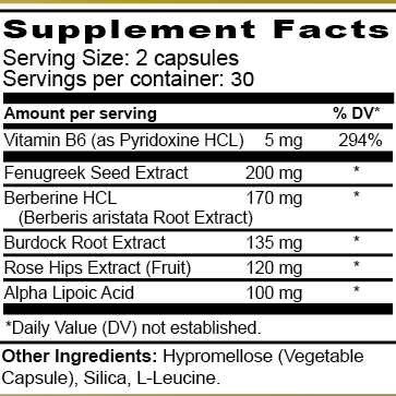 Supplement bottle labeled 'Berberine ALA' on a reflective surface with a neutral background