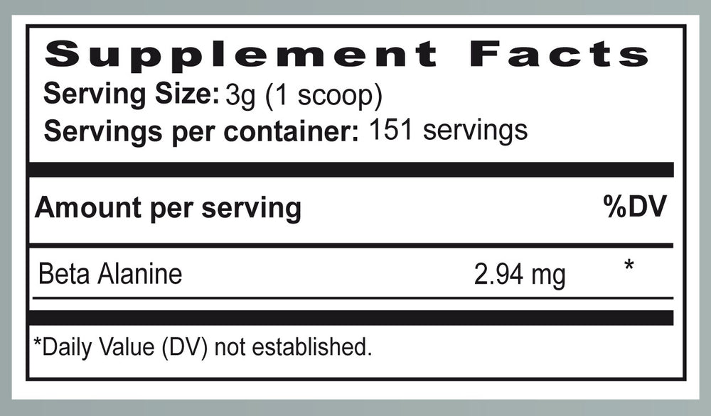 Container of Beta-Alanine dietary supplement on a wooden surface with a white background