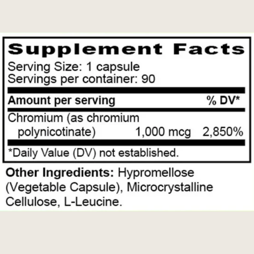White bottle of GTF Chromium on a white counter. Supports blood sugar levels within a normal range