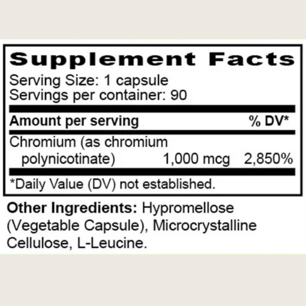 A close-up of a supplement facts label showing serving size, servings per container, amount per serving of chromium as chromium polynicotinate, and other ingredients including hypromellose, microcrystalline cellulose, and L-Leucine.