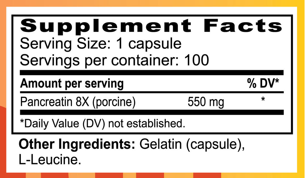 Supplement bottle labeled 'Pancreatin 8X' by Healthy Goods on a wooden surface with a white background