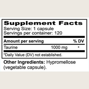 A close-up of a supplement facts label showing taurine content: 1000 mg per serving, with hypromelose listed as the other ingredient, on a light beige background.