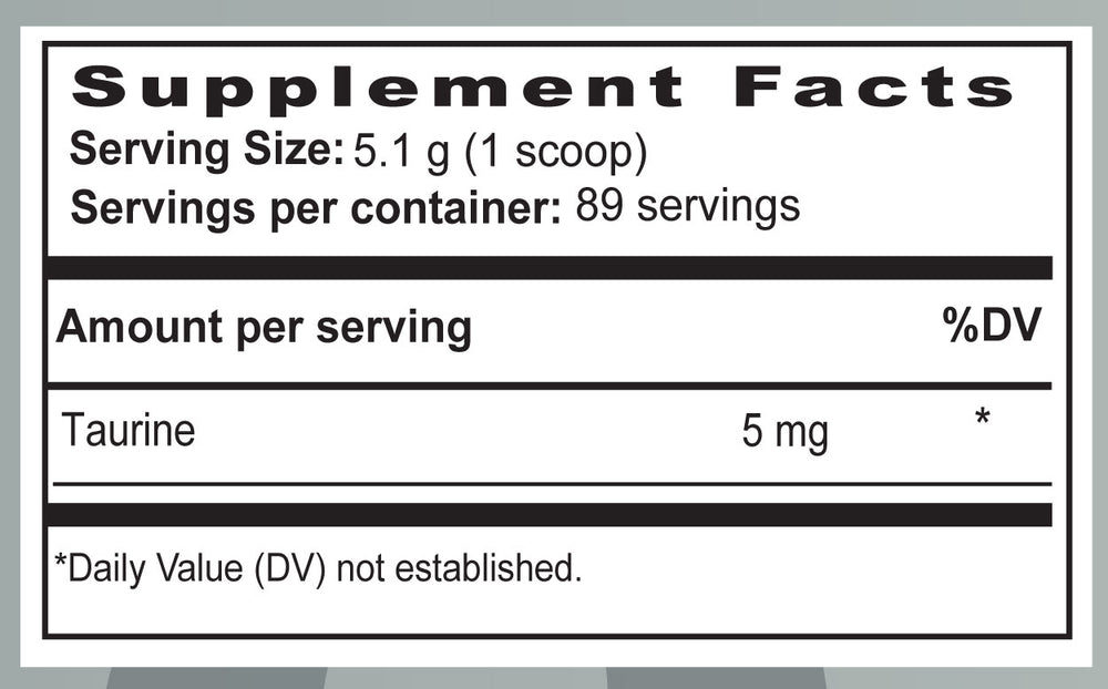 Container of Taurine Powder by Healthy Goods on a wooden surface with a white background