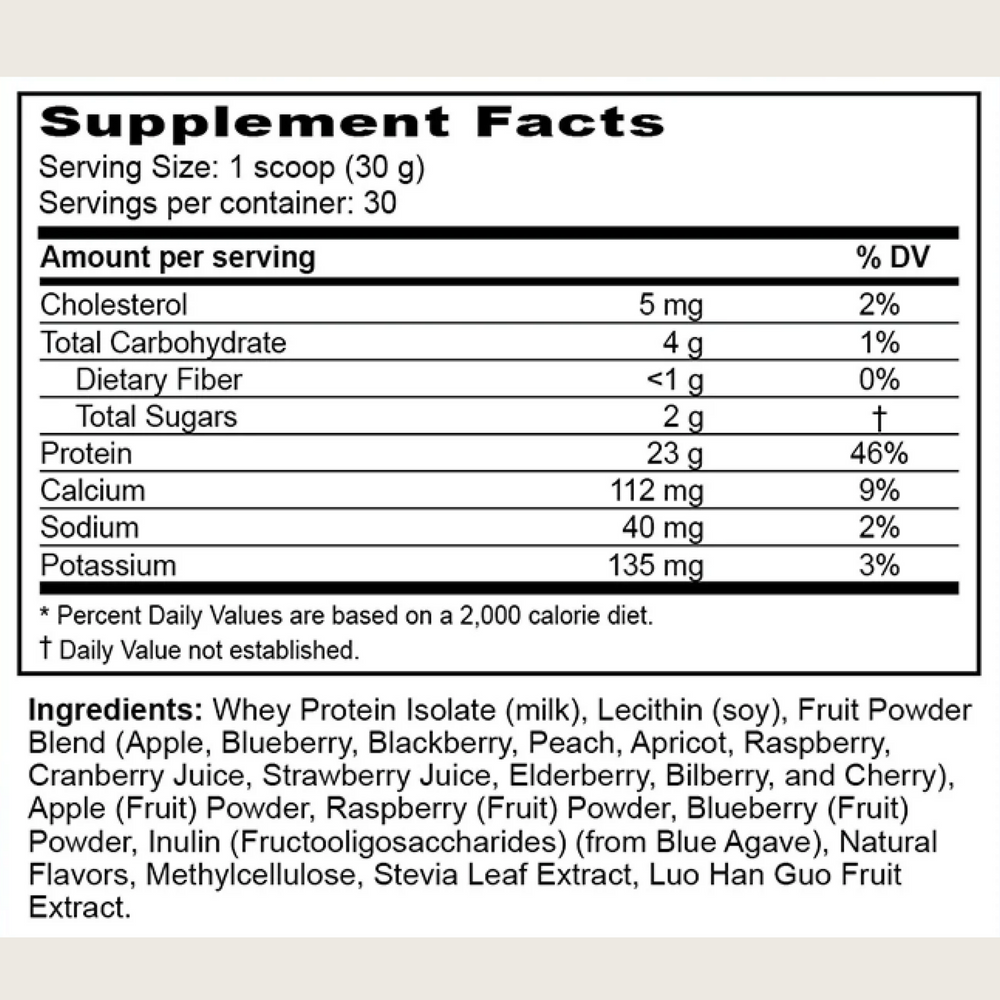 Black supplement container with pink healthy goods BerryLean whey protein label on a light background
