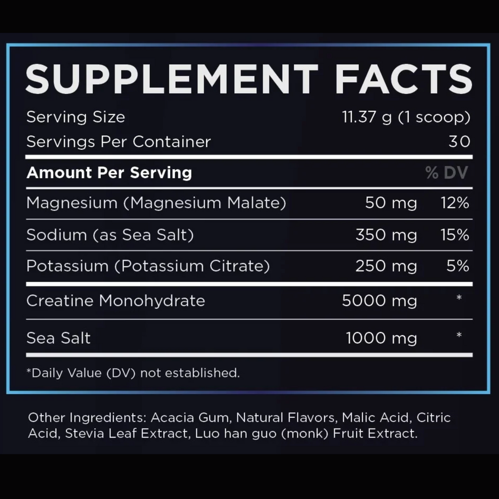 Container of Healthy Goods Creatine + Electrolytes supplement on a light background. 0 sugar, 0 calories, natural flavors, 4-in-1 performance mix
