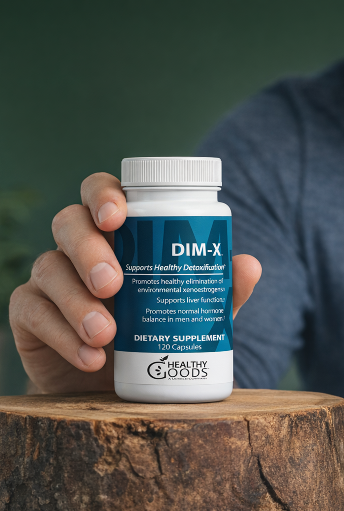 Hand holding a bottle of DIM-X dietary supplement on a wooden surface with a blurred background