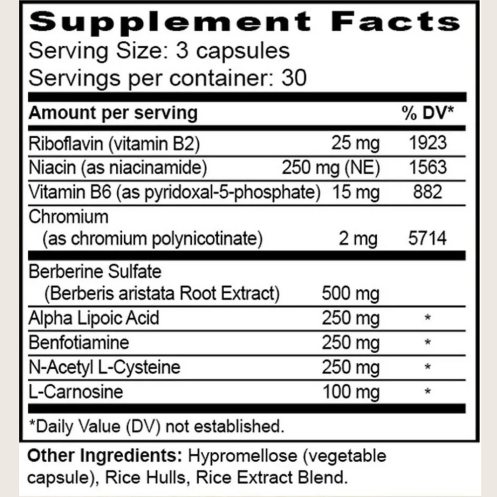 Supplement bottle labeled 'Glucose Adapt' on a wooden surface with a neutral background. Supports healthy glucose metabolism