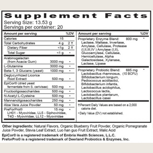 A Supplement Facts label showing nutrition information for a probiotic powder product. 
