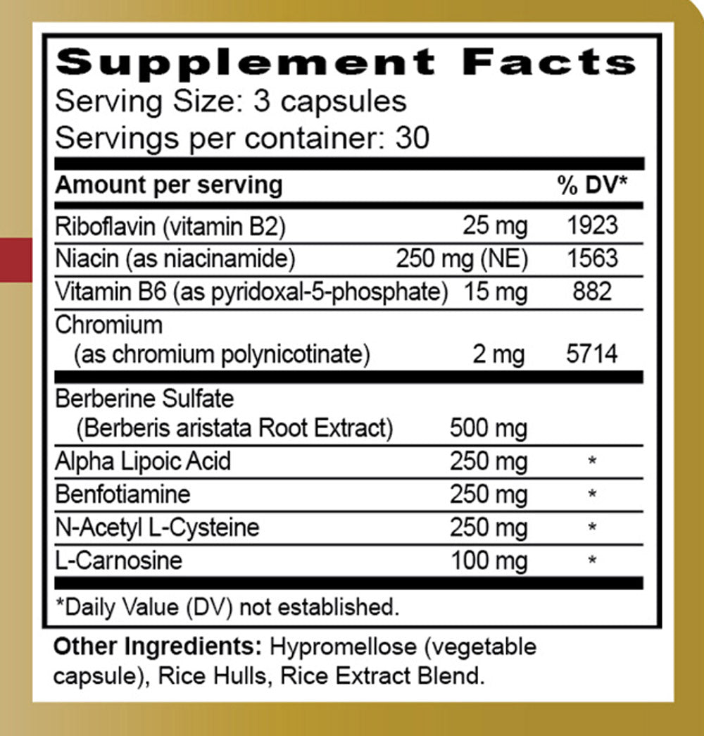 Supplement bottle labeled 'Glucose Adapt' on a wooden surface with a white background