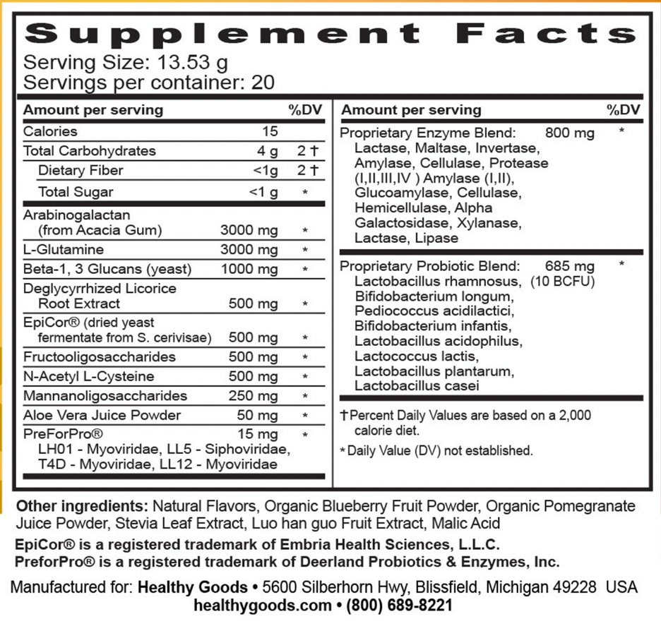 Glycogen GI Wellness dietary supplement container on a wooden surface with a white background