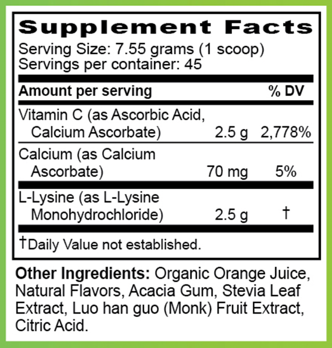 Dietary supplement container labeled 'Lysine C' on a wooden surface with a white background