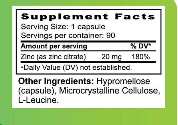Supplement bottle labeled 'Zinc Citrate' by Healthy Goods on a wooden surface with a white background