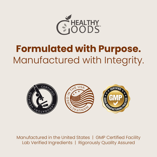 Healthy Goods brand logo with certification badges on a beige background