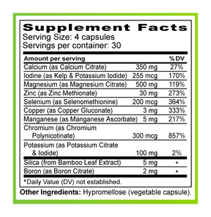 Supplement facts label with detailed nutritional information on a white background