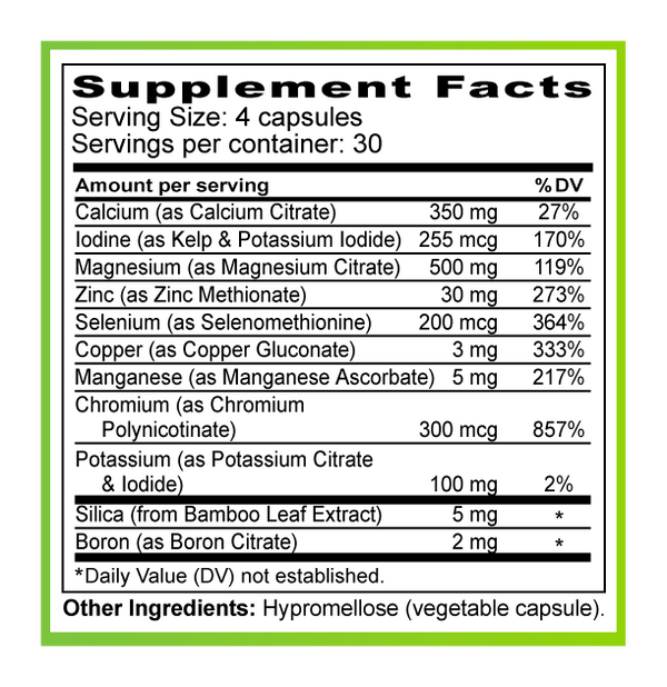 Supplement facts label with detailed nutritional information on a white background