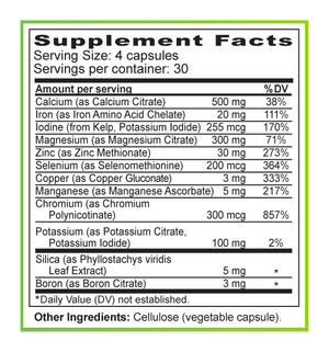 Supplement facts label with detailed nutritional information on a white background