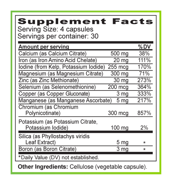 Supplement facts label with detailed nutritional information on a white background