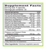 Supplement facts label with detailed nutritional information on a white background