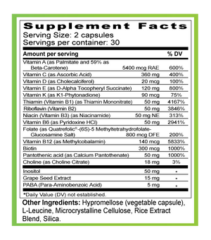 Supplement facts label with detailed nutritional information on a white background