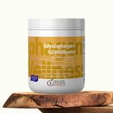 Glycogen GI Wellness dietary supplement container on a wooden surface with a white background