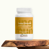Supplement bottle labeled 'Lung + Immune' by Healthy Goods on a wooden surface with a white background