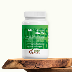 Supplement bottle labeled 'Magnesium Malate' on a wooden surface with a white background