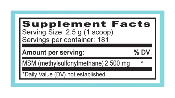 Container of MSM powder by Healthy Goods on a wooden surface with a white background