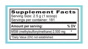 Supplement facts label for MSM (methylsulfonylmethane) with serving size and container details.