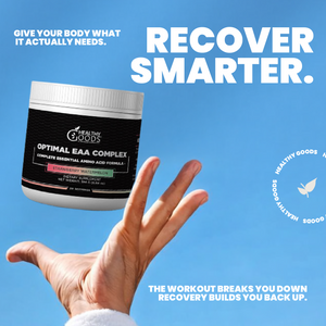 Hand holding Optimal EAA supplement container with promotional text on a blue background