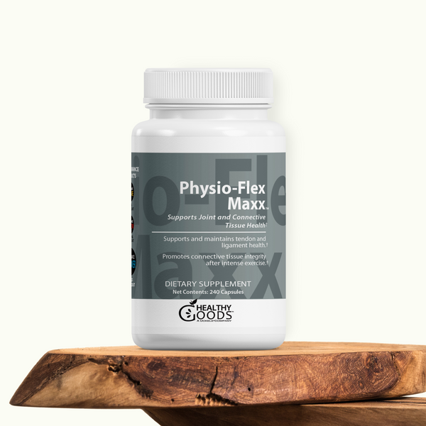 Supplement bottle labeled 'Physio-Flex Maxx' on a wooden surface with a white background