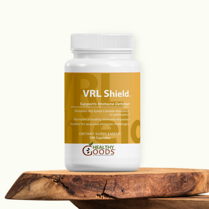 VRL Shield dietary supplement bottle on a wooden surface with a white background