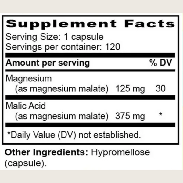 A close-up of a supplement facts label showing Magnesium and Malic Acid details, with serving size 1 capsule and 120 servings per container.