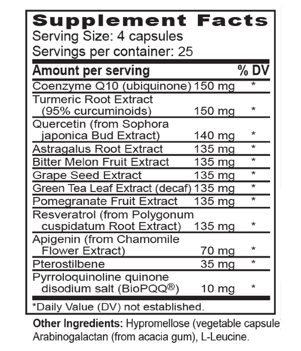 Supplement bottle labeled 'Cell Longevity' on a wooden surface with a white background