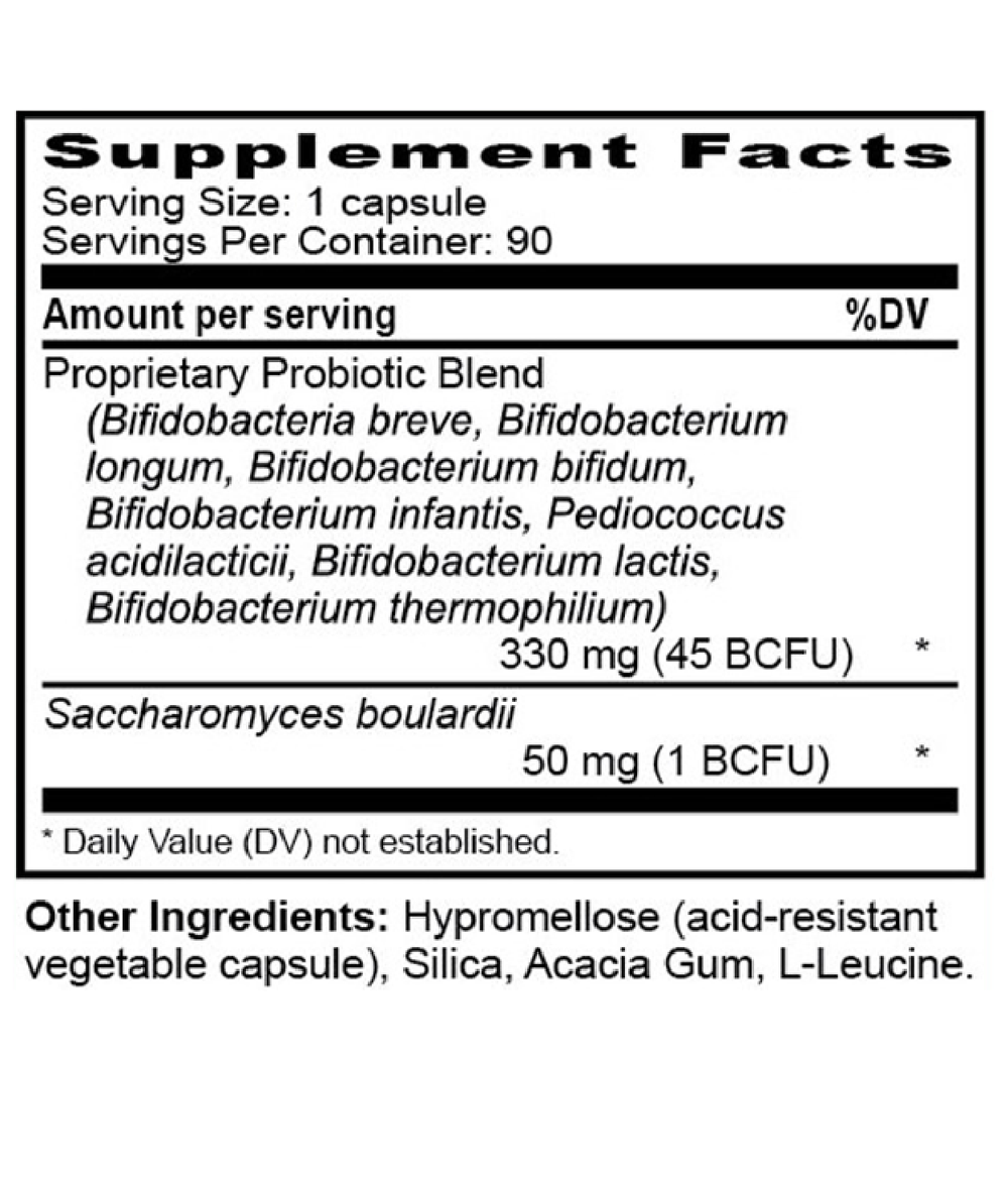 Probiotic supplement bottle labeled 'Pro-Bifidus LGI 45 BCFU' on a wooden surface with a white background